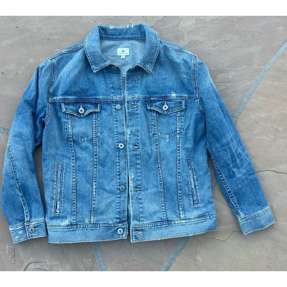 AG Adriano Goldschmidt Distressed Trucker denim Jacket - L - retail $285 BZ